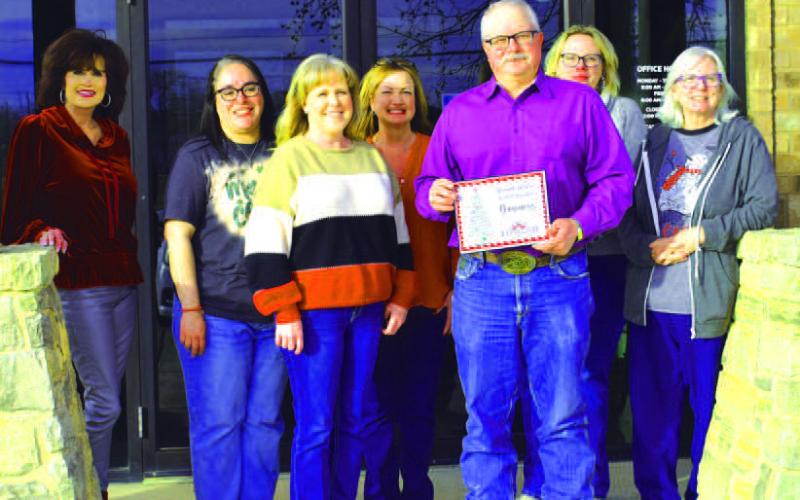 Ag Texas was selected as the winner of the Keep Levelland Beautiful annual Best Decorated Business of the month contest for the 2023 holiday season. Pictured from left ot right, back row are: Cristal Isaacks, Janie Morales, Tammy Franklin, Kelly Hancock; front row from left to right are: Leslie Borland and Doug Hoelsher. Awards were presented the week before Christmas.(Staff photo by Emily Campos)