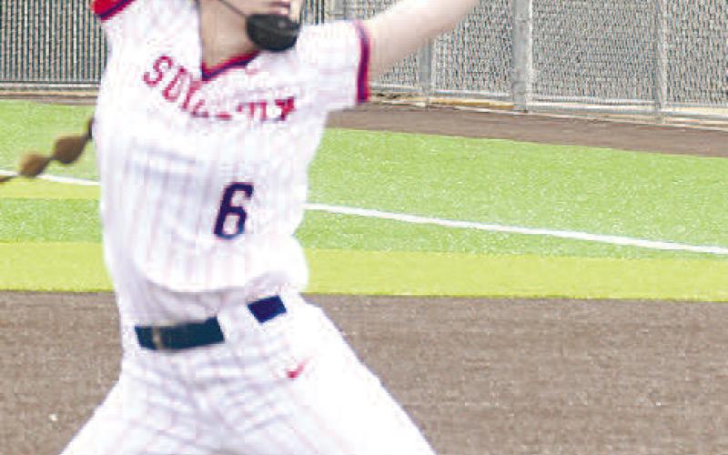COMPLETEGAME- Sundown’s Emry Jourdan went all five innings in a 20-1 home win over the Petersburg Lady Buffaloes last Saturday in UIL high school softball action. (Photo Courtesy of Jay Kelley)