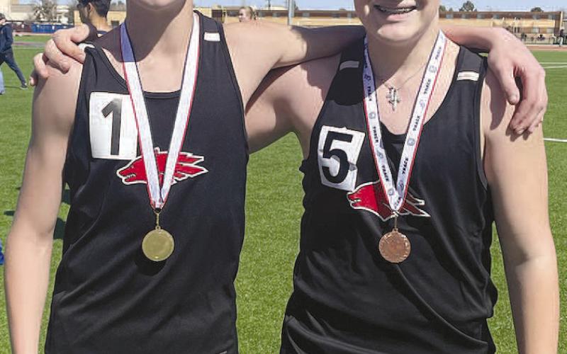 DISTANCE RUNNERS- Levelland junior varsity runners Gavin French and Brian Billington competed at the LCU High School Invite last Saturday. French won the 3200 meter run with a time of 13:03.99. Billington placed third with a time of 14:09.27. (Photo Courtesy of Nelda Munoz)
