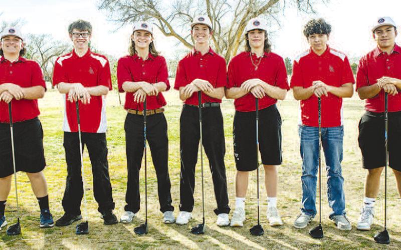 LOBO JV GOLF- The Levelland Lobo junior varsity golf team is busy with their spring season in full swing. Pictured from left to right are: Michael Arriaga, Rustin Pence, Gage Bigham, Gunner Barrera, Gavin Dozier, Miguel Maldonado and Alan Avitia. (Photo Courtesy of Debbie Blackshear)