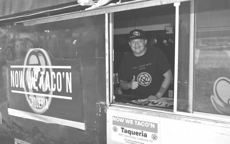 FOOD TRUCK THURSDAY– Albert Gutierrez and his father Aurturo with Now We Taco’N out of Lubbock were busy serving different kinds of tacos during the Food Truck Thursday event. This event is held on the third Thursday of each month. (Staff Photo by Samantha Nowell)