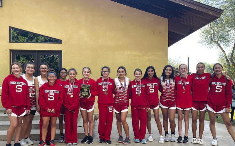DISTRICTCHAMPS- Congratulations to the 2A - District 5 Middle School girls champions The Sundown Roughettes. Pictured: Darby Bussell, Sophia Rodriguez, Jaelyn Dominguez, Tenley Wylie, Bethany Honesto, Avy McGlasson (4th Place Ind), Kassady Rodgers (1st Place Ind), Maddy Medrano (6th Place Ind), Laci Belew (3rd Place Ind), Blevin Petrick, Sarah Reyna, Lillie Rodriguez, Addie Hord, Dhaya Marinelarena and Bailey Corley. (Photo Courtesy of Sundown ISD)
