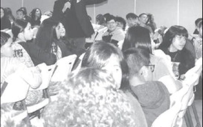 On Thursday at the Mallet Event Center at the Fall 2023 Career Exploration Events. In photo Gabe Salazar the Speaker at the event was the experiential speaker at the Event. Salazar ask the students what they wanted to do as a career there where many hands raised at event. (Staff Photo by Emily Campos)