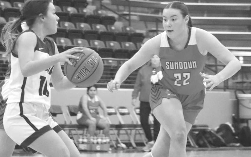 DEFENSE - Sundown Roughette Hannah Holdman pressed the Philly offense during the teams contest in the Littlefield Tournament last week. (Staff photo by Aalijah Soliz)