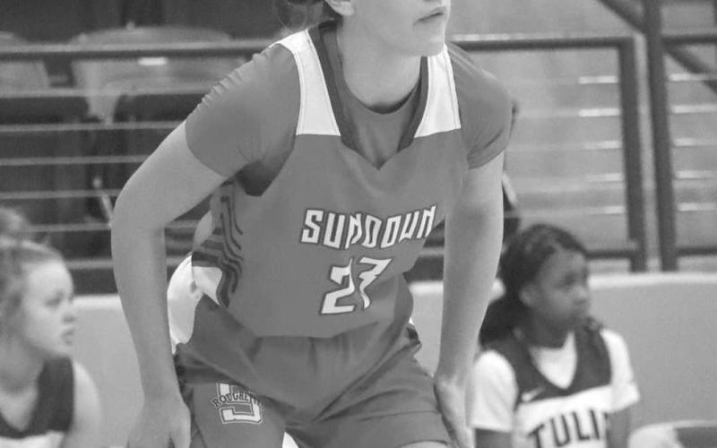 GET READY - Sundown Roughette Kyndal Taggart got ready as her teammate shot free throws during the teams contest in the Littlefield tournament last week. (Staff photo by Aalijah Soliz)