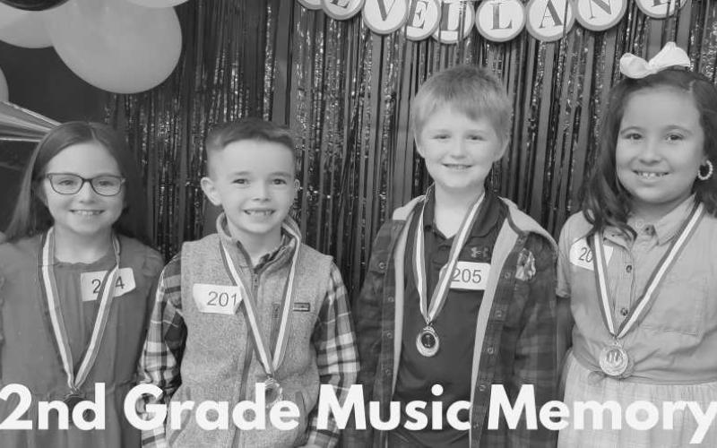 2ND GRADE MUSIC MEMORYWINNERS - First place tied Camillia Martinez and Ryker Vaughn, Second place Jaxson Hall and Third place Gracelyn Tucek. (Photo courtesy of Cristal Isaacks)