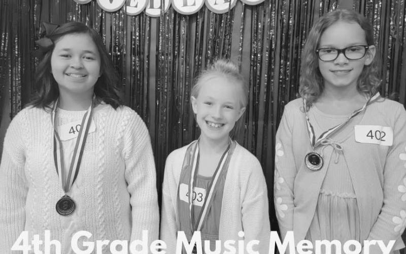 4TH GRADE MUSIC MEMORY - First place Lola Gipson, Second place Hildea Lawless and Third place Emilee Arriaga. (Photo courtesy of Cristal Isaacks)