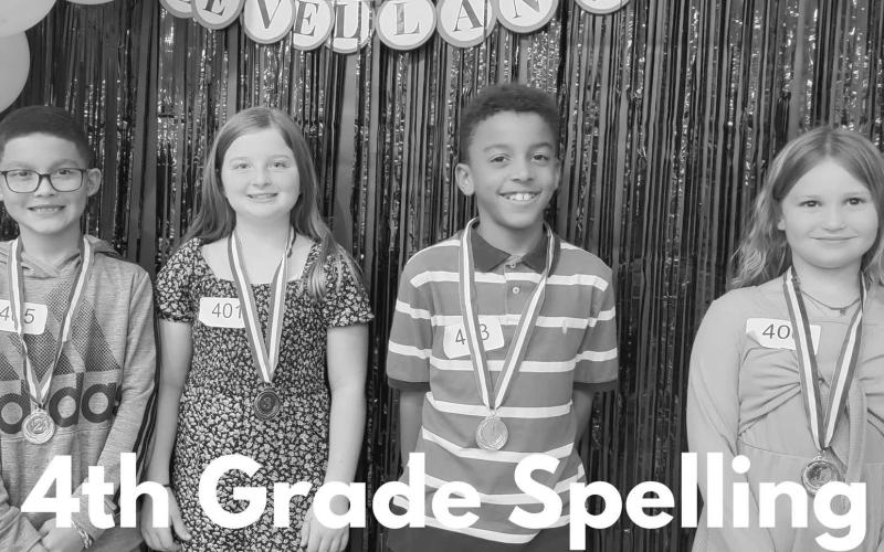 4TH GRADE SPELLING WINNERS - First place tied Aiden Mcleoud and Piper Williams, Second place Brian Sotelo and Third place Caroline Martin. (Photo courtesy of Cristal Isaacks)