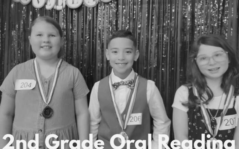 2ND GRADE ORAL READING WINNERS - First place Clara Martin, Second place Easton Blewitt and Third place Sealy Combs. (Photo courtesy of Cristal Isaacks)