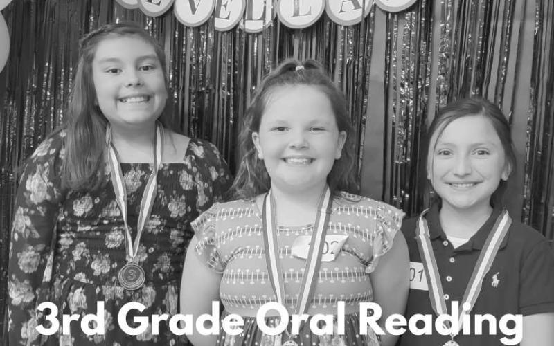 3RD GRADE ORAL READING WINNERS - First place Kaylee Garza, Second place Cheyenne Brown and Third place Analisse Sanchez. (Photo courtesy of Cristal Isaacks)