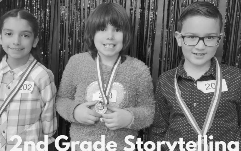 2ND GRADE STORYTELLING WINNERS - First place Lorenzo Chavira, Second place Emilia Malanche and Third place Arysai Reyes. (Photo courtesy of Cristal Isaacks)