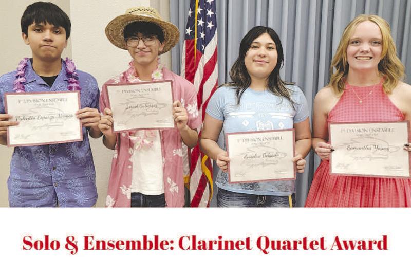 CLARINET QUARTET- Levelland High School clarinet quartet qualified for state in division I ensemble. Pictured from left to right are: Valentin Esparza Vargas, Israel Gutierrez, Annelise Delgado and Sam Young. (Photo Courtesy of Cristal Isaacks)