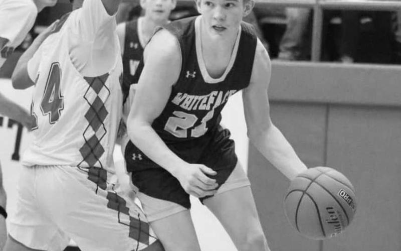 EYES UP - Whiteface Antelope Jaxon Hodge was being guarded close by Sundown Roughneck Isaac Lopez during the team’s game this past Tuesday night. (Photo courtesy of Holly Crutcher)