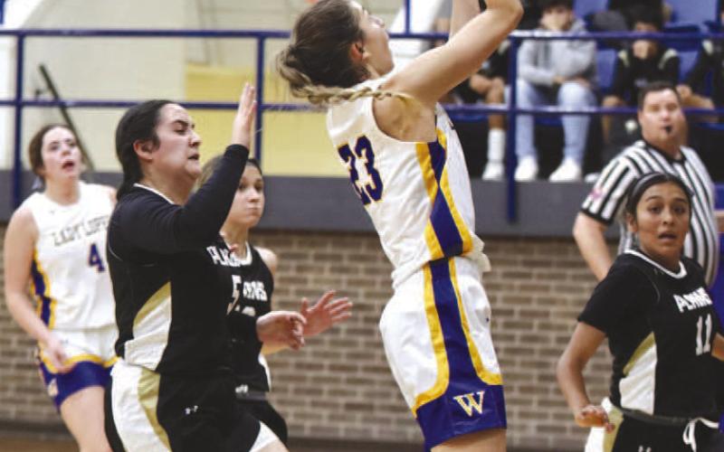 EASY TWO- The Lady Antelopes won the Way Out West Basketball Tournament in Whiteface over the weekend. Allison Martha put in an easy two points on a lay-up. (Photo Courtesy of Holly Crutcher)