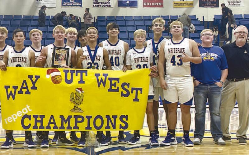 TOURNEY CHAMPS- The Whiteface Antelopes high school basketball teams came out as undefeated champions in the Way Out West Basketball Tournament in Whiteface over the weekend. Jeremiah Rendon and Jeremias Chavez were all-tournament. Brighton Scoggins was selected as Most Valuable Player. (Photo Courtesy of Holly Crutcher)