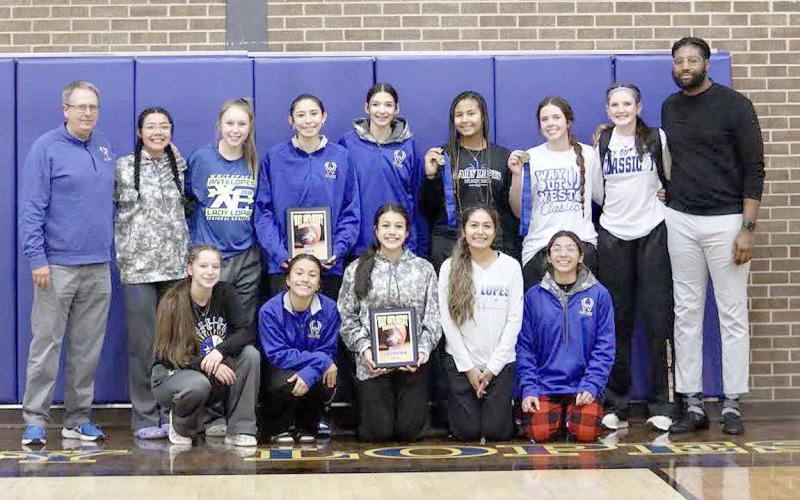 UNDEFEATED CHAMPS- The Whiteface Lady Antelopes high school basketball teams came out as undefeated champions in the Way Out West Basketball Tournament in Whiteface over the weekend. Tymmyah Olenga and Emma Ayers were all-tournament, while Allison Martha was selected as the Most Valuable Player. (Photo Courtesy of Holly Crutcher)
