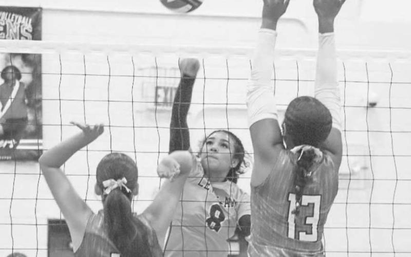SPIKED - Levelland Loboette Mia Sepulbeda spiked the ball at the Maiden defense last Tuesday night during the team’s district matchup on the road. (Staff photo by Aalijah Soliz)