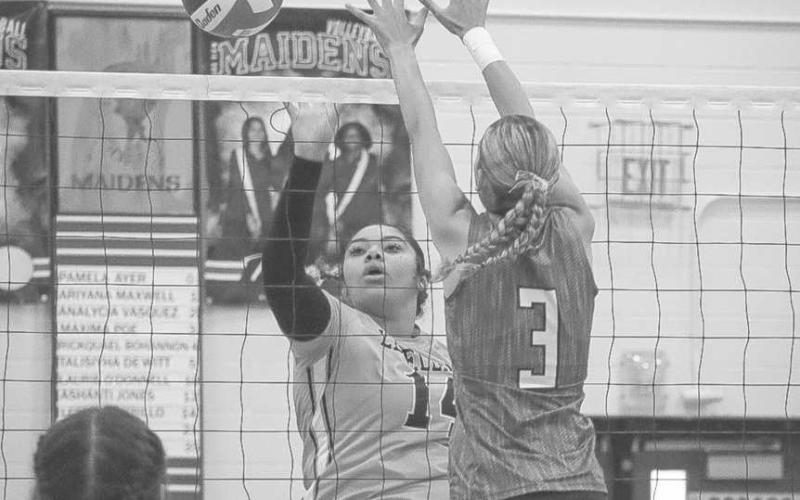 TAP OVER - Loboette Trintiy Wafer tapped the ball over the net to the Lake View defense last Tuesday during their district matchup on the road. (Staff photo by Aalijah Soliz)