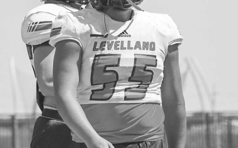 BREATHER - Levelland Lobo Jesiah Delgado took a breather during team drills this past week at the Lobo Stadium during two-a-day practices. (Staff photo by Aalijah Soliz)