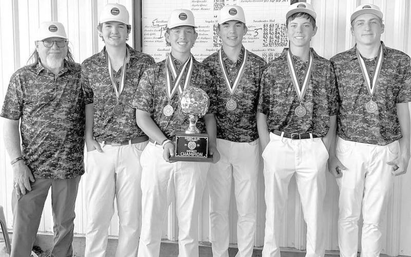 NINTH PLACE-The Levelland Lobos finished ninth at the 4A Region One Golf Tournament. Brenden Lawless shot 160 while Gabe Gibbs came in at 174. Gunner Barrera and Christian Wheeler both at 181. Max Vergara advanced to the 4A UIL State Golf Tournament set for May 22nd and 23rd at Legends Golf Course in Kingsland Pictured L-R are: Head Coach Stan Weatherred, Gabe Gibbs, Max Vergara, Brenden Lawless, Gunnar Barrera and Christian Wheeler. (Photo Courtesy of Cristal Isaacks)