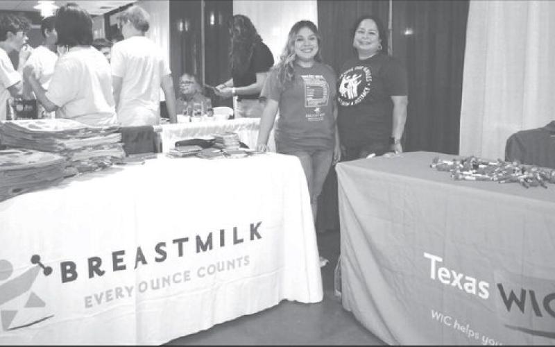 GREAT SMILES - One of the exhibitors at the Fall 2023 Career Exploration Event for 8th grade students on Thursday at the Mallet Event Center was Texas WIC who were talking to students and educating them on how Texas Wic helps people and how the program works. Pictured from left to right are: In photo from left to right WIC Perr Counselor Lizeth Campos and WIC Associate Director Tiffany Quevedo. (Staff photo by Emily Campos)
