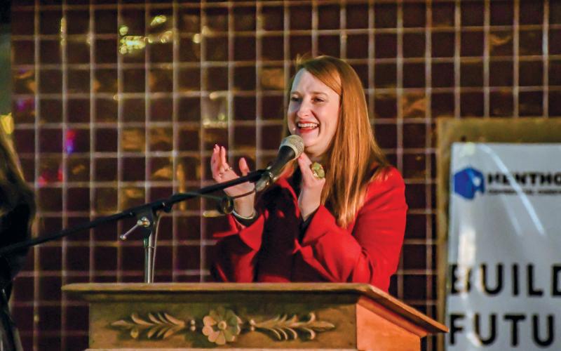 THE LOVE FOR COMMUNITY - It was all smiles for Wallace Theater Executive Director Alycyn Keeling as she thanked all the helping hands for playing a vital role in bringing back the Wallace to pristine form during the Wallace Theater lighting event held Thursday evening in downtown Levelland. Keeling explained that it has taken the entire love and effort from the community to bring the Wallace to the point where it currently is. (Staff photo by Dom Puente)