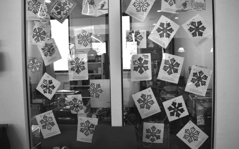 SNOW FLAKES- At the ribbon cutting in sundown On Monday for the new Sundown Library, There were Many great creative snow flakes that the students from Sundown School made to display on the windows of the new library as you can see in the photo they were so nice.(Staff photo by Emily Campos).