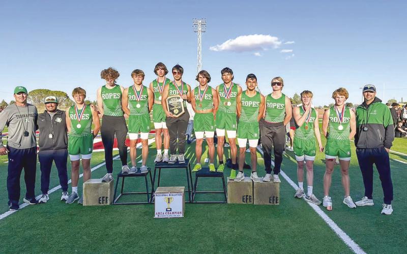ONTO THE NEXT - The Ropes Eagles are the Area Champs this year as they get ready to move onto the Regional round for Track and Field. Pictured above are the players that are moving along with their coaches. (Photo courtesy of Ropes ISD)