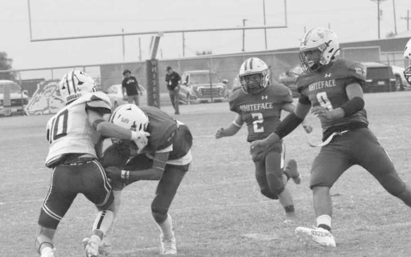 ONSIDE KICK - Whiteface Antelope Victory Borunda fought for a loose ball on an onside kick in a 74-28 home win over the Klondike Cougars last Friday in UIL six-man high school football action. Borunda came up with the ball and set up the score that put the Antelopes in the lead for good. Whiteface will host Elida, N.M. next Friday for homecoming at 7:30 p.m. (Photo by Holly Crutcher)