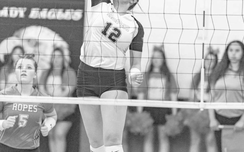 SPIKE - Ropes Lady Eagle Rylee Mcdaniel spiked the ball at the Lady Lope defense this past Tuesday night at home in the team’s big district win. (Photo courtesy of Donovan Martin)