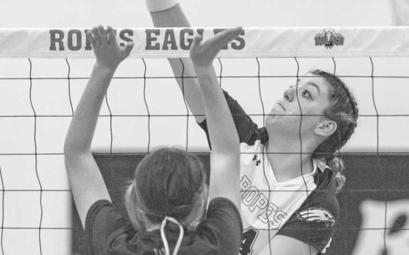 KILL - Ropes Lady Eagle Madison Reyna earned herself a kill against the Abernathy Lady Lopes last Tuesday night at home. (Photo courtesy of Donovan Martin)