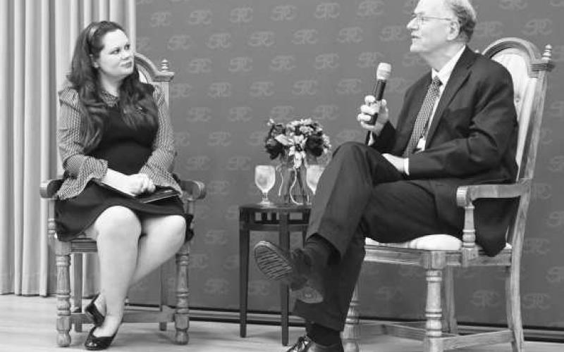 HELEN JONES FOUNDATION Q&amp;A - Samantha Goldie (left), director of South Plains College’s Development and Alumni Relations, interviews James Arnold, president and CEO of the Helen Jones Foundation, during a Q&amp;A session at SPC’s 2024 Scholarship Luncheon on Oct. 8 in the Sundown Room on its Levelland campus. (SPC Photo)