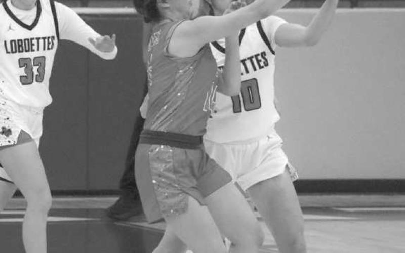 STEAL - Levelland Loboette Emily Perez had quick hands to pick off the pass from the Denver City offense during the team’s game in the Littlefield Tournament. (Staff photo by Aalijah Soliz) PRESS BEATER - Whiteface Antelope Jeremiah Rendon beat the fullcourt press with his speed in the Littlefield Tournament against the Farwell Steers. (Staff photo by Aalijah Soliz) MID-RANGE SHOT - Whiteface Antelope Auscar Gandara pulled up from mid-range to earn the Antelopes some needed points in the team’s game against