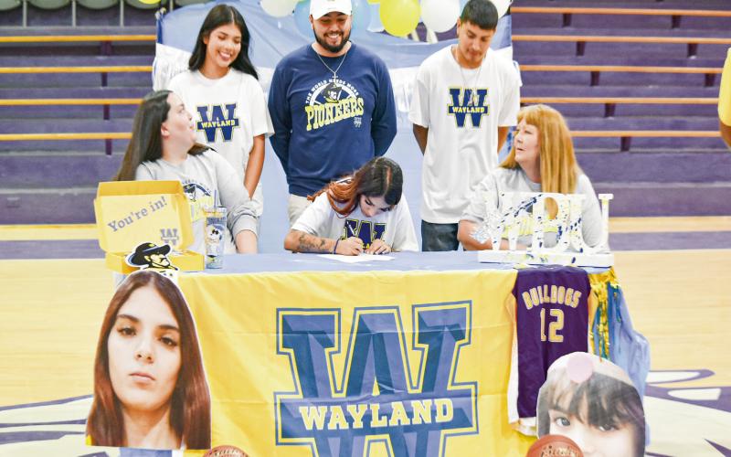 MANCIAS SIGNS WITH WAYLAND - Anton Lady Dawg Alyssa Mancias recently committed to Wayland Baptist to play collegiate basketball surrounded by her family and friends in the Anton High School gym. The Wayland Baptist Flying Queens play in NAIA Division 1 and are in the Sooner Athletic Conference. They finished 2026 at 12-16 overall and 11-11 in conference play. (Photo provided by Anton ISD)