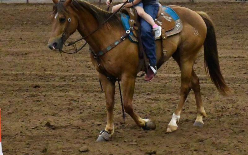 MOMMY AND ME- As Lesley Casper waits for the competition to start at the Mallet Event Center and Arena on Saturday competing in The Betty’S Too Hot to Handle Barrel Racing, Casper took her daughter Sheyenne for a ride as she waits for mom to start the competition. (Staff photo by Emily Campos)