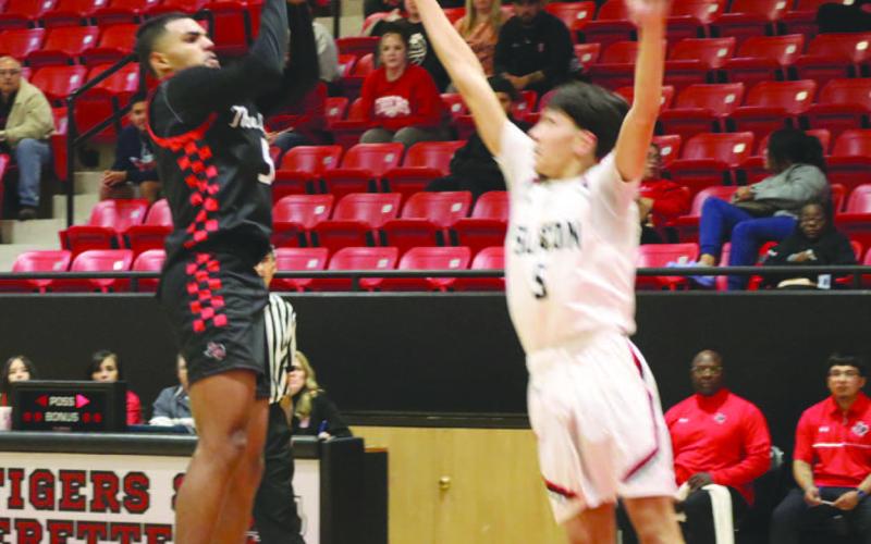 JUMPER - Levelland Lobo Sean Landrum shot the mid-range ball during the teams away win against the Slaton Tigers. (Staff photo by Aalijah Soliz)