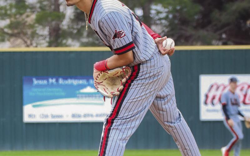 CALL - Levelland Lobo Boston Winfield waited on the call from catcher Rusty Johnson during their contest against the Sundown Roughnecks this past Saturday at home. (Staff photo by Aalijah Soliz)