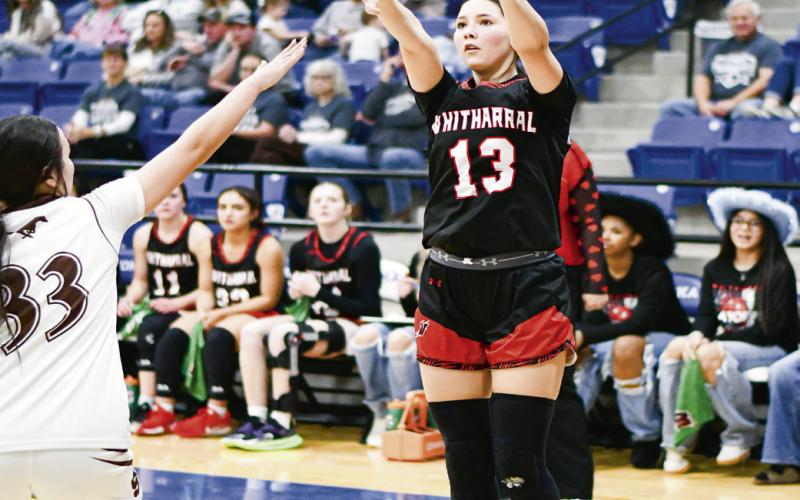 MIDDY MAGICIAN - Whitharral Lady Panther Aaliyah Sanchez shoots a mid-range baseline jumper and nails it during their playoff game against Sands this past Monday night at Tahoka High School. (Staff photo by Jentezen Smith)
