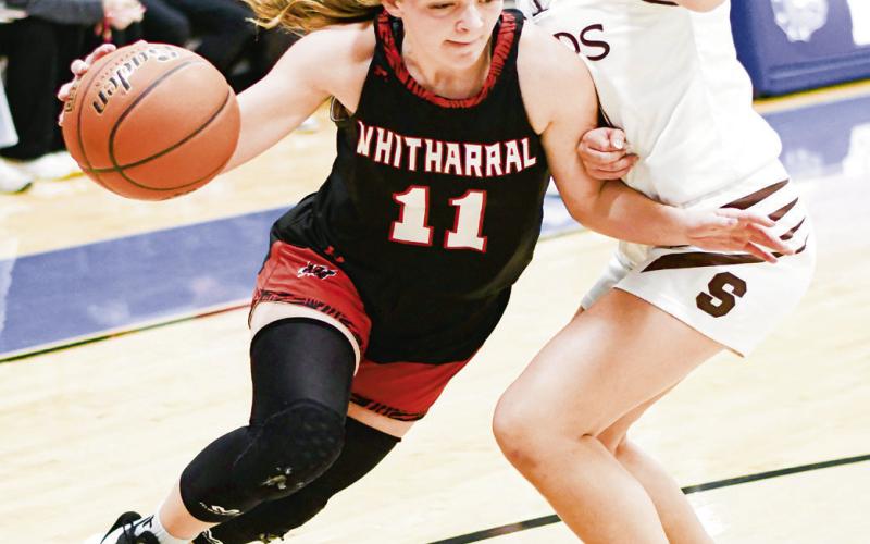 BASELINE BLOW-BY - Whitharral Lady Panther Sheridan Neal blows by a Sands defender on the baseline during their playoff game this past Monday at Tahoka High School. (Staff photo by Jentezen Smith)