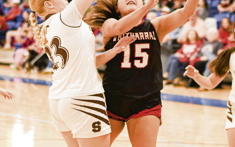 CONTESTED SCORE - Whitharral Lady Panther Aerieana Rodriguez scores a bucket while a Sands defender contests the shot during their playoff game this past Monday at Tahoka High School. (Staff photo by Jentezen Smith)