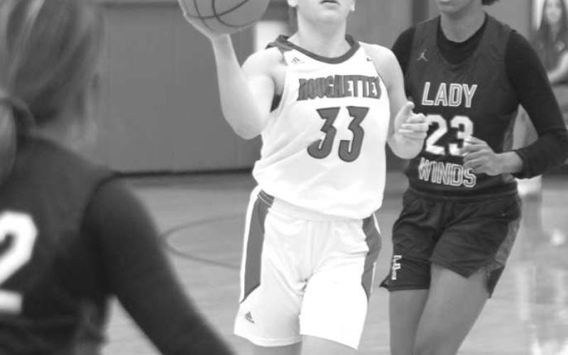 ASSIST- Roughette Allie McCormic fed teammate Emma Hold man with a nice pass for three points. The Sundown defeated Floydada, 4936. The Roughettes will face Denver City on the road, Tuesday, November 15th. (Photo Courtesy of Chris Bratcher)