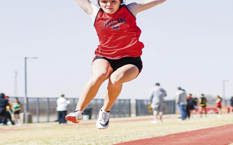 TRIPLE JUMP FORM - Levelland's Presley Smith takes flight for a triple jump during the their home track meet this past Friday at Lobo Stadium. Smith would place third with a jump of 32’6”. (Staff photo by Jentezen Smith)