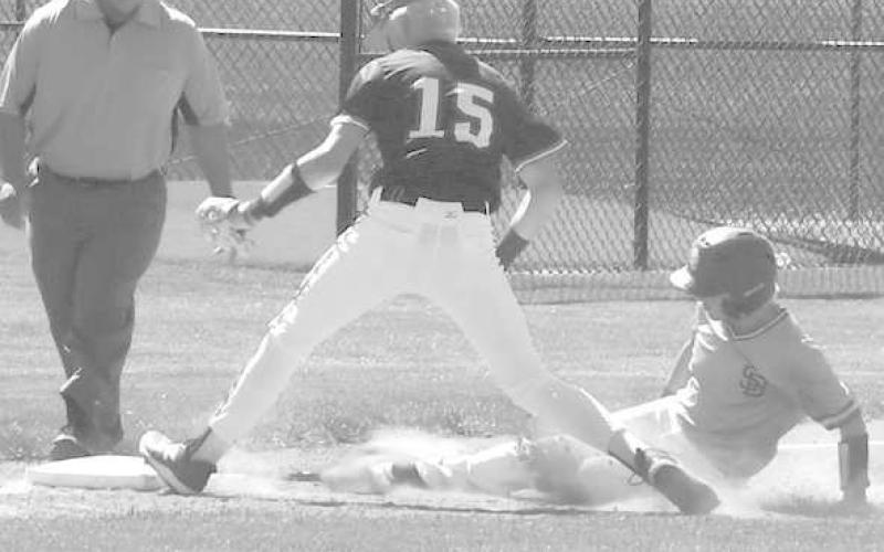 OUT!- Ropes’ Kade Franklin got the out in game two of the best of three UIL Class 2A Area Baseball Championship against Sunray in Dimmitt on Saturday. The Eagles won game one 17-10, lost game two 9-2 and won game three 7-3 to take the series. (Photo Courtesy of Jay Kelley)