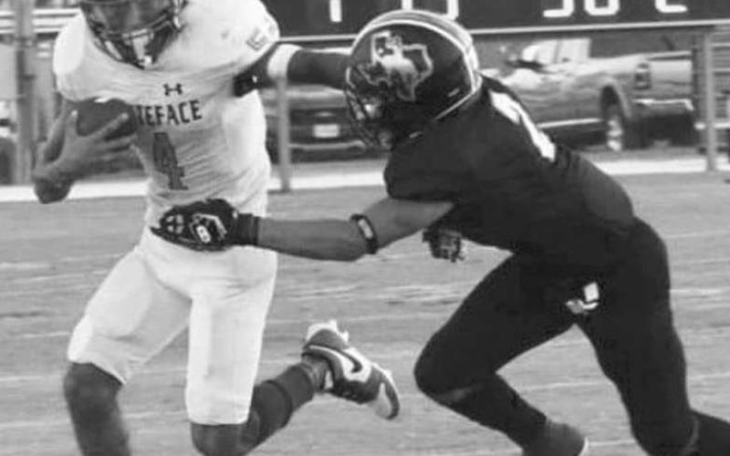 STIFF ARM - Jeremiah Rendon racked some yards in a 58-38 road win for the Antelopes on Sept. 6. The fourth ranked Antelopes hosted Boys’ Ranch last night and will host no. 14 Klondike next Friday at 7:30 p.m. (Photo by Holly Crutcher)