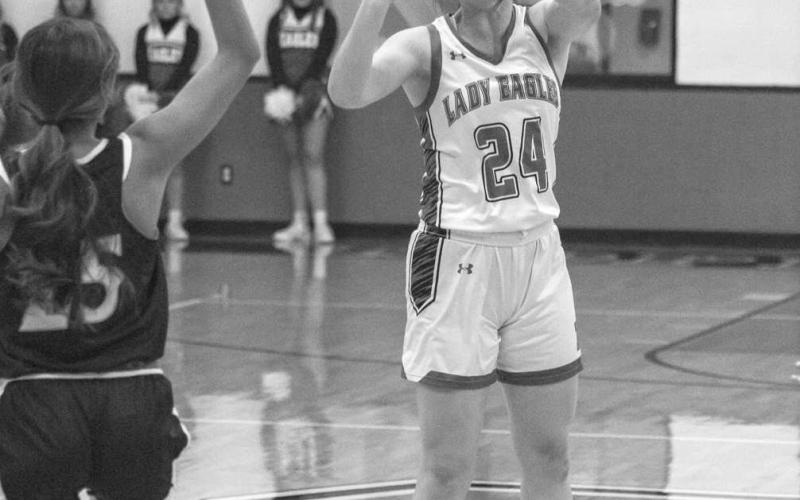 Ropes Lady Eagle Campbell Latta shot the ball against the New Home Lady Leaopards this past Friday during the teams loss. (Photo courtesy of Donovan Martin)