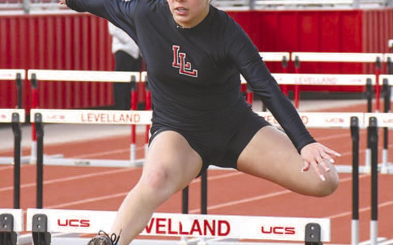 HURDLER- Levelland hosted their annual track meet last week at Levelland Middle School. Loboette hurdler Ally Monge cleared a hurdle during a race at the meet. (Photo Courtesy of Dom Puente)