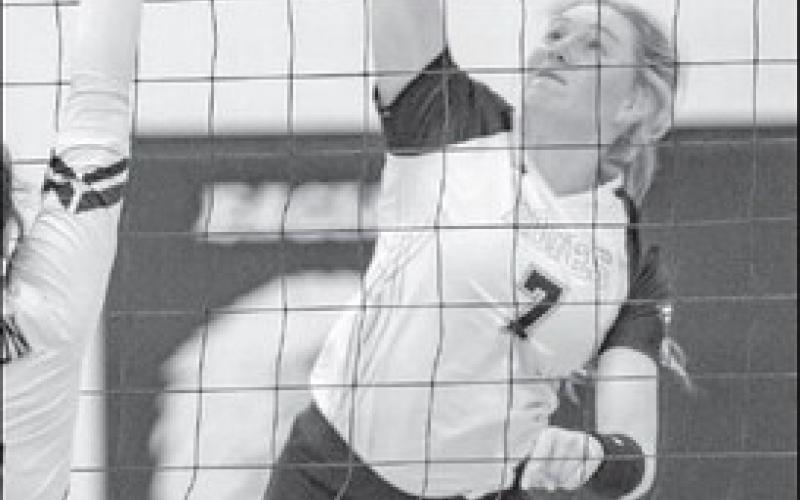 SPIKE - Ropes Lady Eagle athlete Stratton Schertz spiked the ball in the teams great win this past Tuesday against Talkington. (Photo courtesy of Donovan Martin)