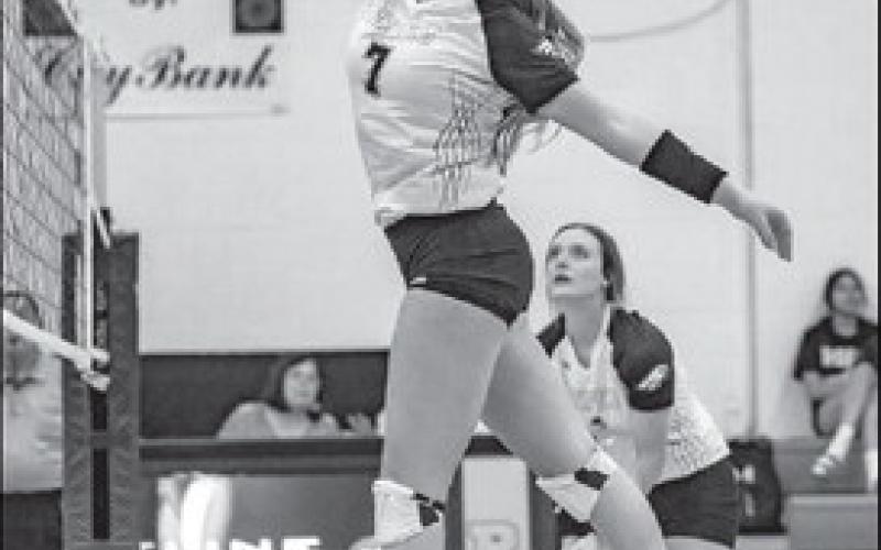 SOFT TOUCH - Ropes Lady Eagle Campbell Latta played the ball during the teams win last Tuesday against Talkington. (Photo courtesy of Donovan Martin) ATHLETIC PLAY - Ropes Lady Eagle Bree Stumbo made the athletic tap to get the Lady Eagle the point in their win against Talkington this past Tuesday. (Photo courtesy of Donovan Martin)