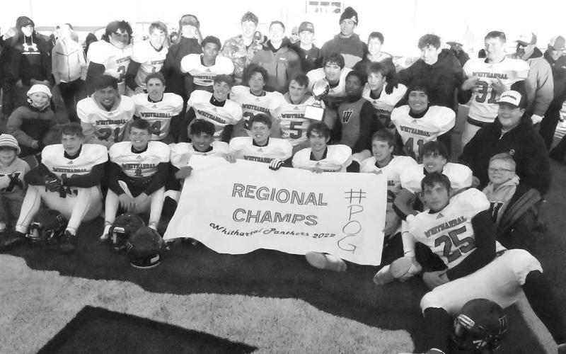 ON TO THE NEXT ONE- The Whitharral Panthers are UIL Class 1A-2 Region I High School Six-Man Football Champions after a 34-20 win over the Balmorhea Bears last Saturday in Hermleigh. The Panthers will return to Hermleigh on Saturday at 3 p.m. to take on the Benjamin Mustangs in the state semi-final game at 3 p.m. (Photo by Jay Kelley)