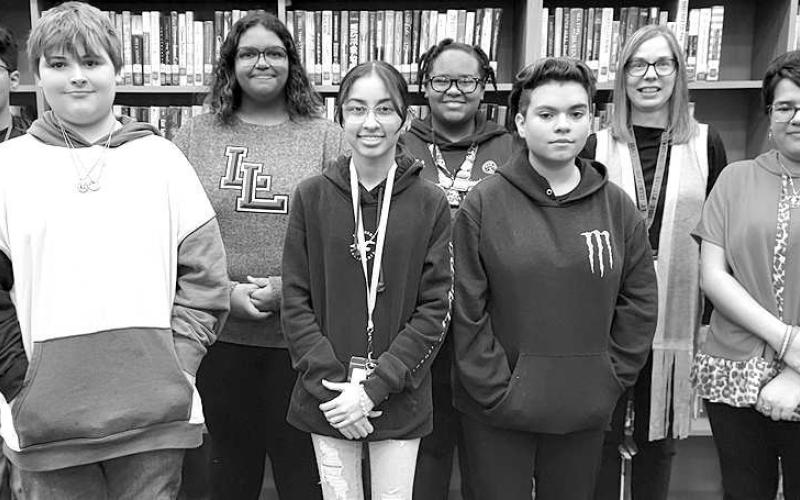 LIBRARY LEADERS-- Levelland High School recognized eight students in the month of September for their excellent reading skills. Tracy Barker, LHS Libraian rewarded Amy Schultz, Michelle Blair, Elyse Guzman, Josh Abernathy, Lily Dent, Denise Larrea, Isaac Martinez and Liela Acuna (not pictured). These students enjoy reading and understanding the powerful link between reading for fun and stronger language skills and understanding. (Submitted Photo)